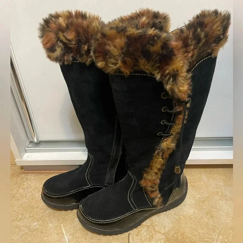 SPORTO women's BLACK suede leather  boots faux fur   Zip lace up size 6